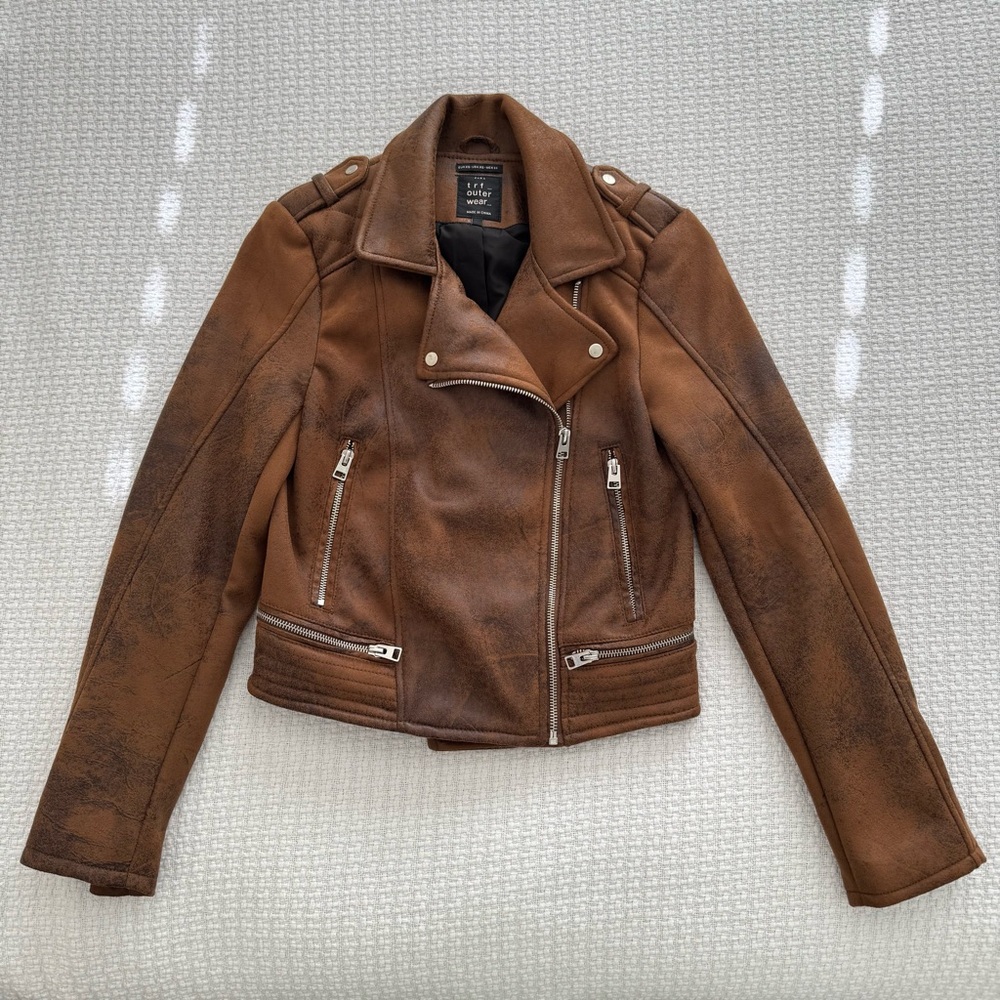 Zara Brandy Leather Effect Jacket  Womens XS, Womens Brown Zip Moto Jacket